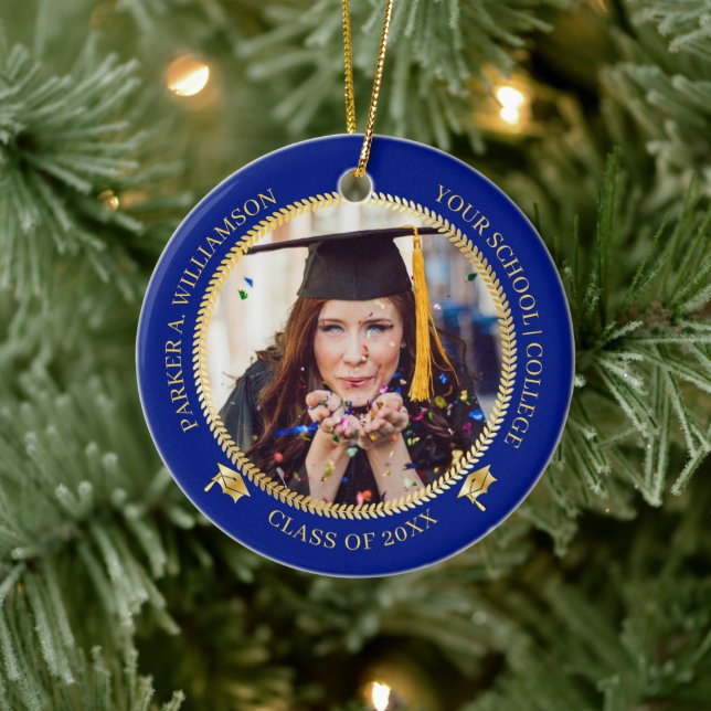 Graduation 2 Photo Blue | Gold Grad Cap Class Year Ceramic Ornament (Tree)