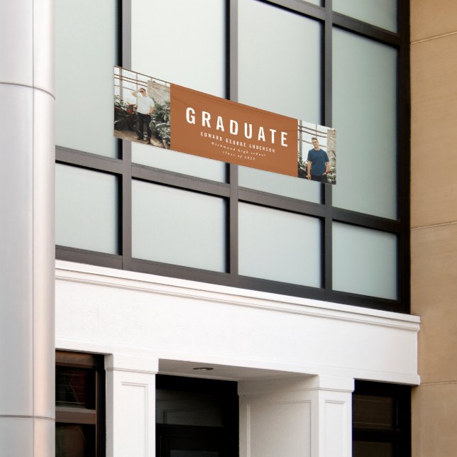 Graduation 2 photo chic terracotta modern party banner (Outside Building)