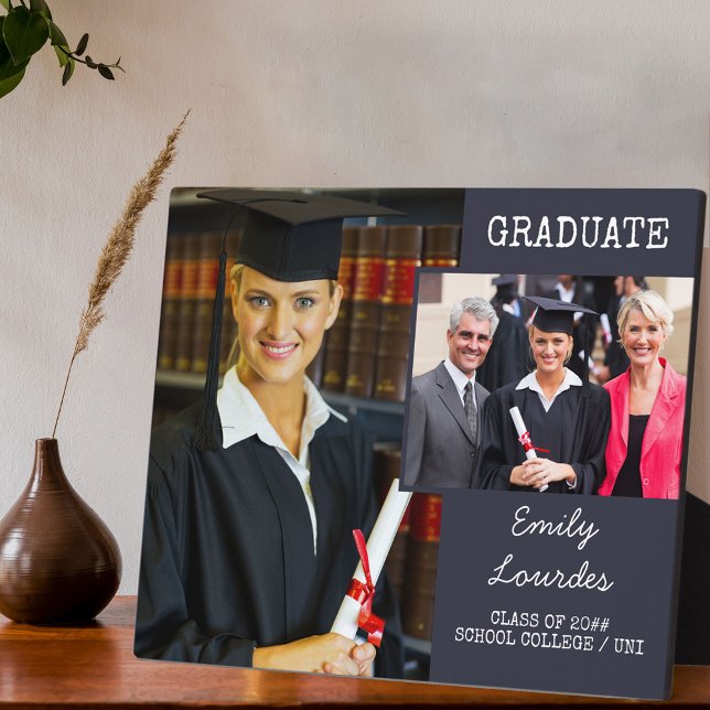 Graduation 2 Photo Collage Dark Blue Personalized Plaque (Creator Uploaded)