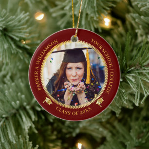 Graduation 2 Photo D Red Gold Grad Cap Class Year Ceramic Ornament