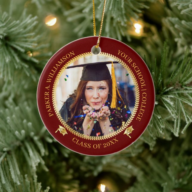 Graduation 2 Photo D Red |Gold Grad Cap Class Year Ceramic Ornament (Tree)