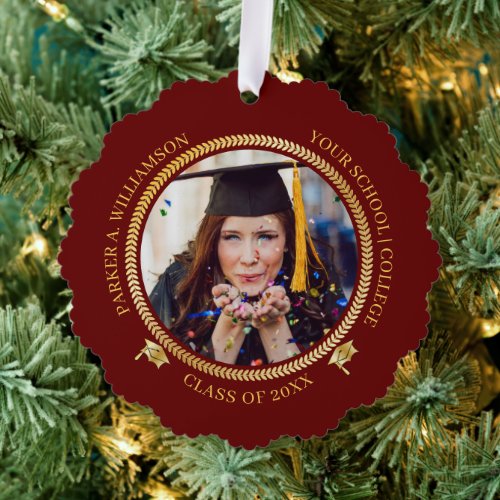 Graduation 2 Photo Dk Red Gold Grad Cap Class Year Ornament Card