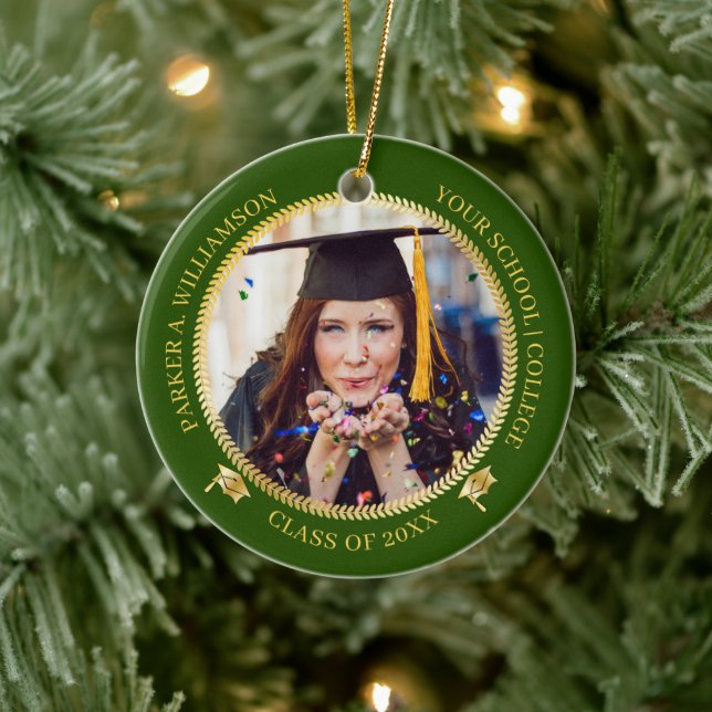 Graduation 2 Photo Green |Gold Grad Cap Class Year Ceramic Ornament (Tree)