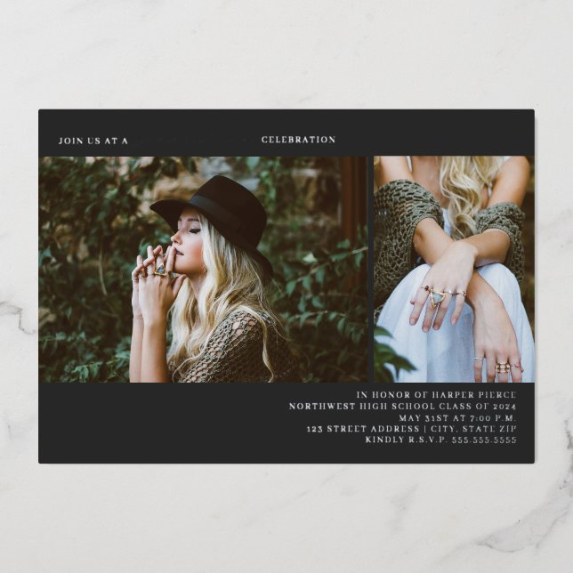 Graduation 2 Photo Line Art Dark Gray Foil Invitation (Front)