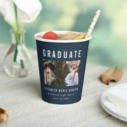 Graduation 2 photo navy blue typography modern paper cups