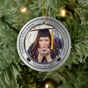Graduation 2 Photo Silver Tone Grad Cap Class Year Ceramic Ornament