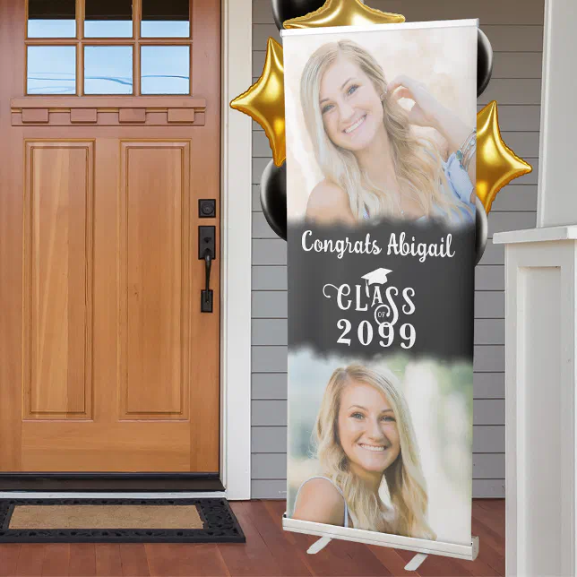 Graduation 2 Photo Stylish Class Year Vertical Retractable Banner | Zazzle