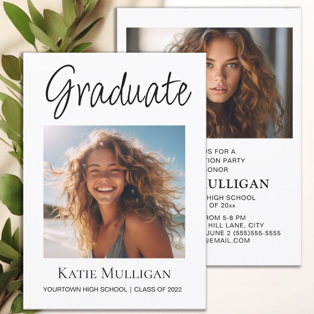 Graduation 2 Photo White Graduation Party  (Graduation party invitation with 2 photos, printed on both sides.)