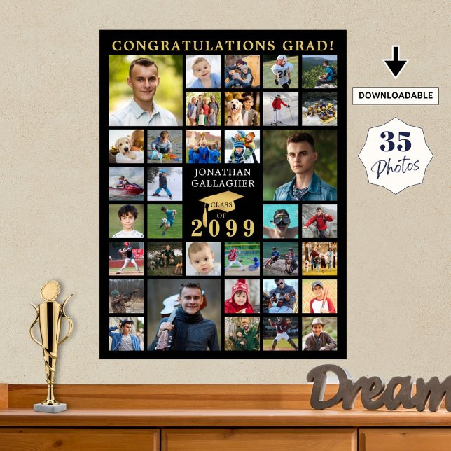 Graduation 35 Photo Collage Black Gold Cap Poster (Creator Uploaded)