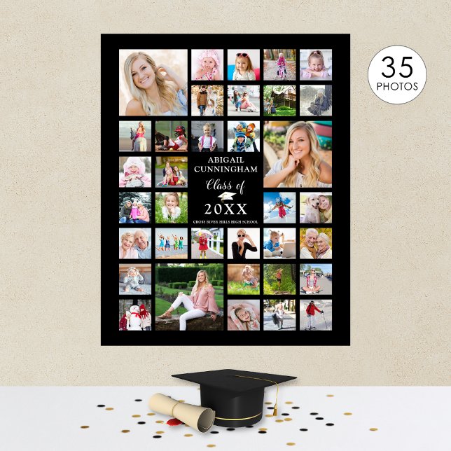 Graduation 35 Photo Collage CLASS YEAR Black Poster (Creator Uploaded)