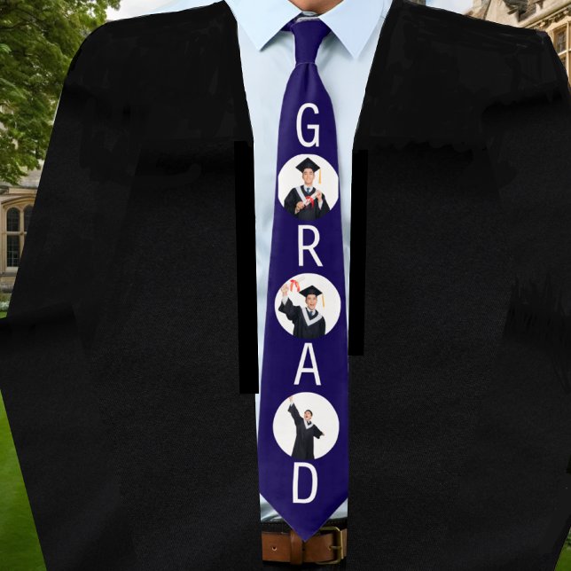 Graduation 3 Custom Photos Navy Blue Neck Tie (Creator Uploaded)