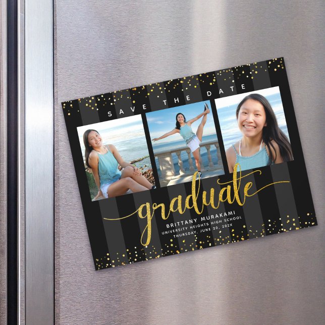 Graduation 3 Photo Black Gold Save the Date Modern Magnetic Invitation (Creator Uploaded)