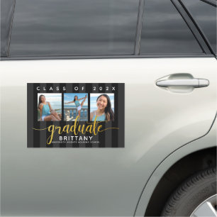 Graduation 3 photo black gold script girly modern car magnet