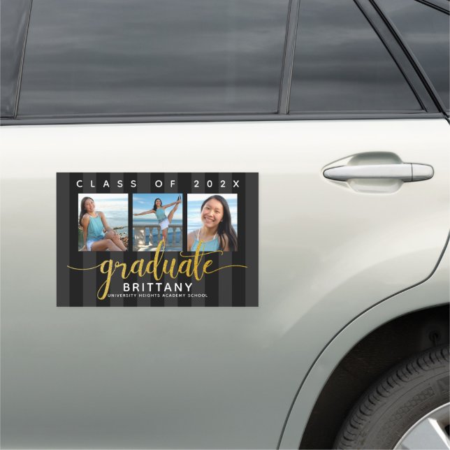 Graduation 3 photo black gold script girly modern car magnet (In Situ)