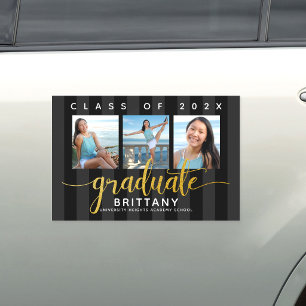 Graduation 3 photo black gold script girly modern car magnet
