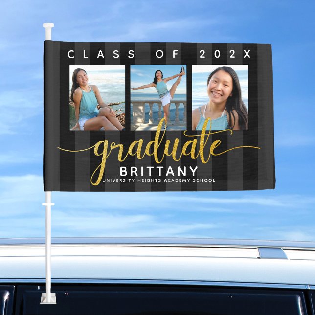Graduation 3 photo black gold script modern girly car flag (Creator Uploaded)