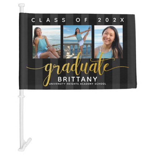 Graduation 3 photo black gold script modern girly car flag