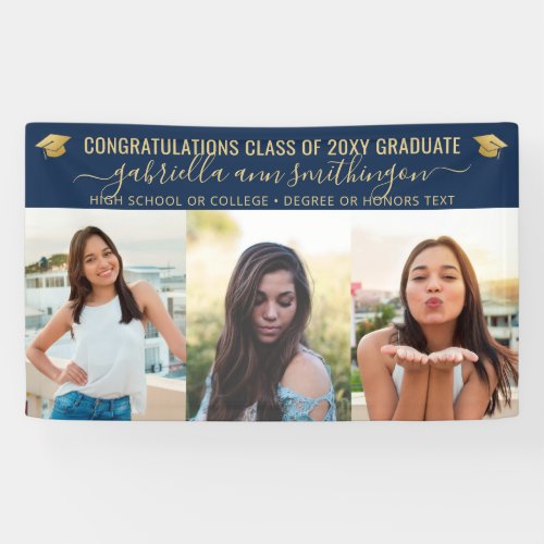 Graduation 3 Photo Blue and Gold Cute Elegant Banner