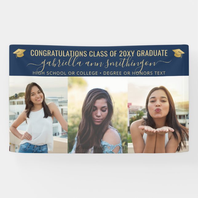 Graduation 3 Photo Blue and Gold Cute Elegant Banner (Horizontal)
