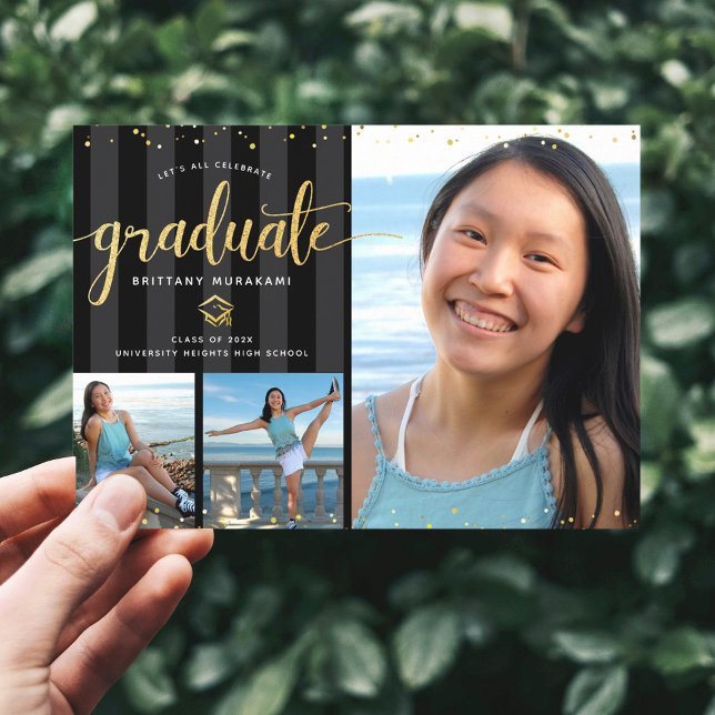 Graduation 3 photo collage black gold glitter chic invitation (Creator Uploaded)