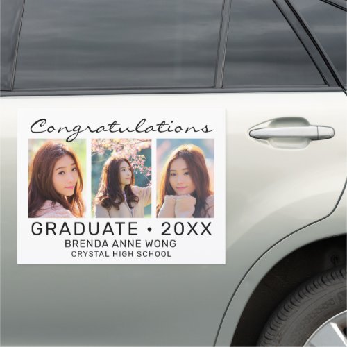 Graduation 3 Photo Collage Black Script on White Car Magnet