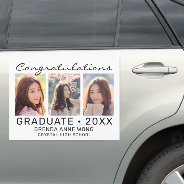 Graduation 3 Photo Collage Black Script on White Car Magnet (In Situ)