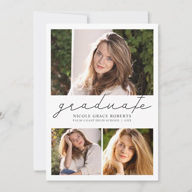 Graduation 3-Photo Collage Easy DIY Modern Script Announcement (Front)