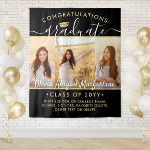 Graduation 3 Photo Collage Large Black and Gold Tapestry