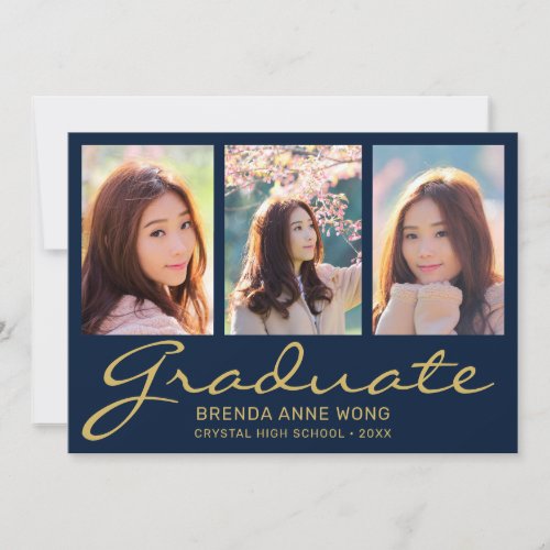 Graduation 3 Photo Collage Modern Gold Script Blue Announcement