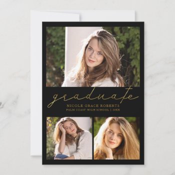 Graduation 3-photo Collage Preppy Gold Script Announcement by HolidayInk at Zazzle