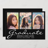 Graduation 3 Photo Collage White Script Black Announcement (Front/Back)