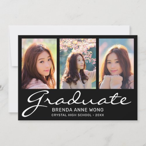 Graduation 3 Photo Collage White Script Black Announcement