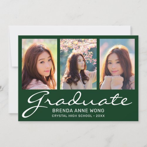 Graduation 3 Photo Collage White Script Green Announcement