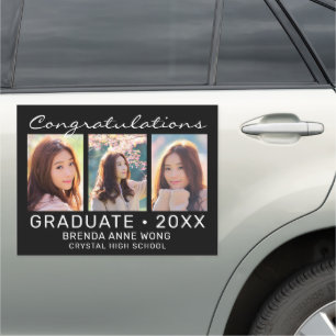 Graduation 3 Photo Collage White Script on Black Car Magnet