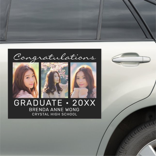 Graduation 3 Photo Collage White Script on Black Car Magnet (In Situ)