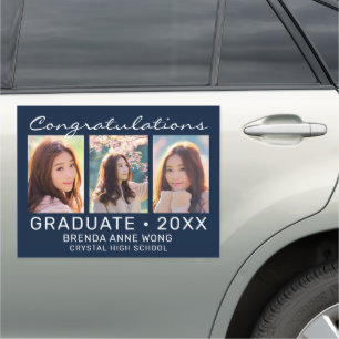 Graduation 3 Photo Collage White Script on Blue Car Magnet