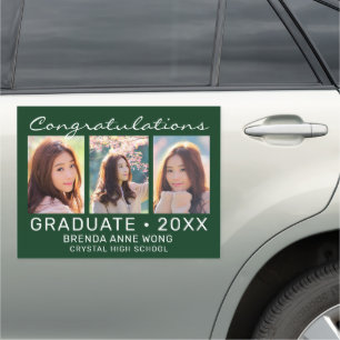 Graduation 3 Photo Collage White Script on Green Car Magnet