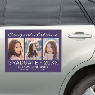 Graduation 3 Photo Collage White Script on Purple Car Magnet