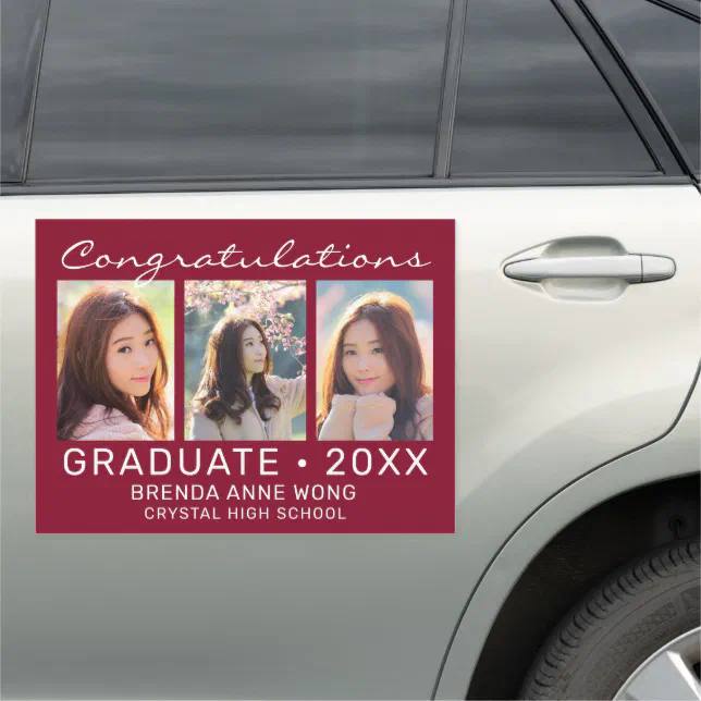 Graduation 3 Photo Collage White Script on Red Car Magnet | Zazzle