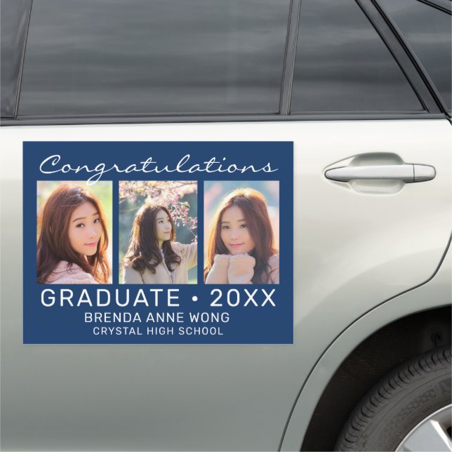 Graduation 3 Photo Collage White Script Royal Blue Car Magnet (In Situ)
