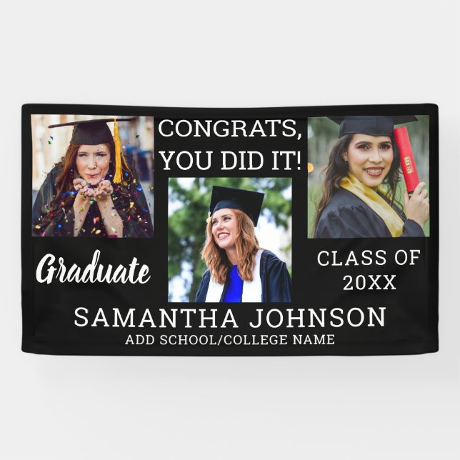 Graduation 3 Photo Congrats Graduate 2025 Black Banner (Horizontal)