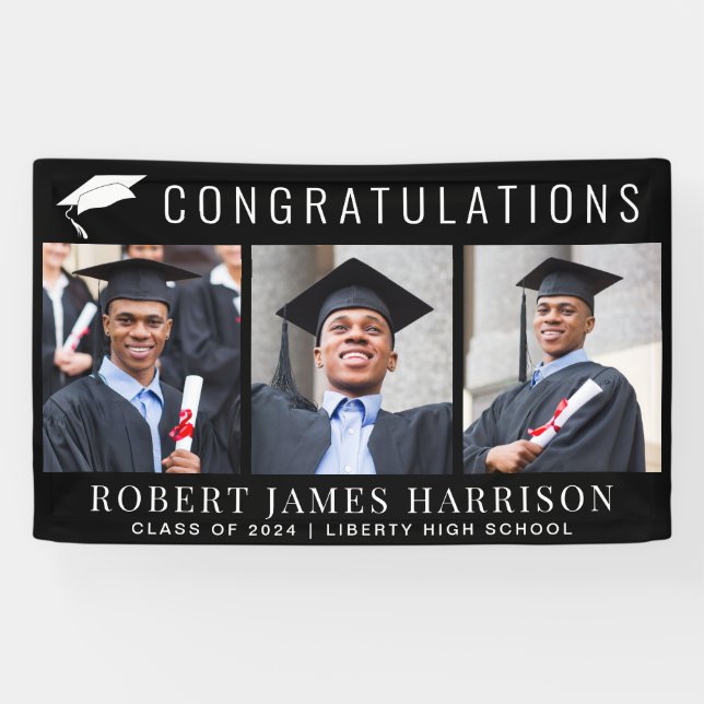 Graduation 3 Photo Congratulations Black Banner (Horizontal)