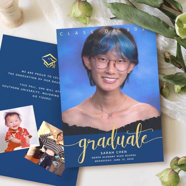 Graduation 3 photo navy modern gold glitter script announcement (Creator Uploaded)
