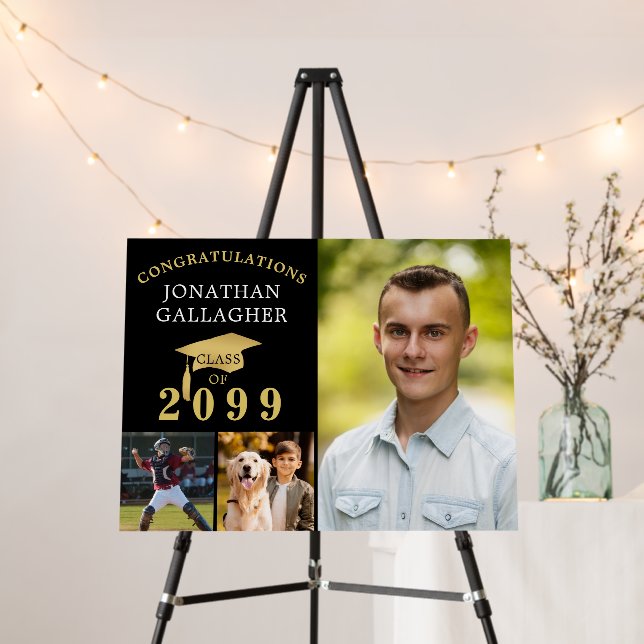 Graduation 3 Photos Black Gold Cap Congrats Name Foam Board (In Situ (Stand))