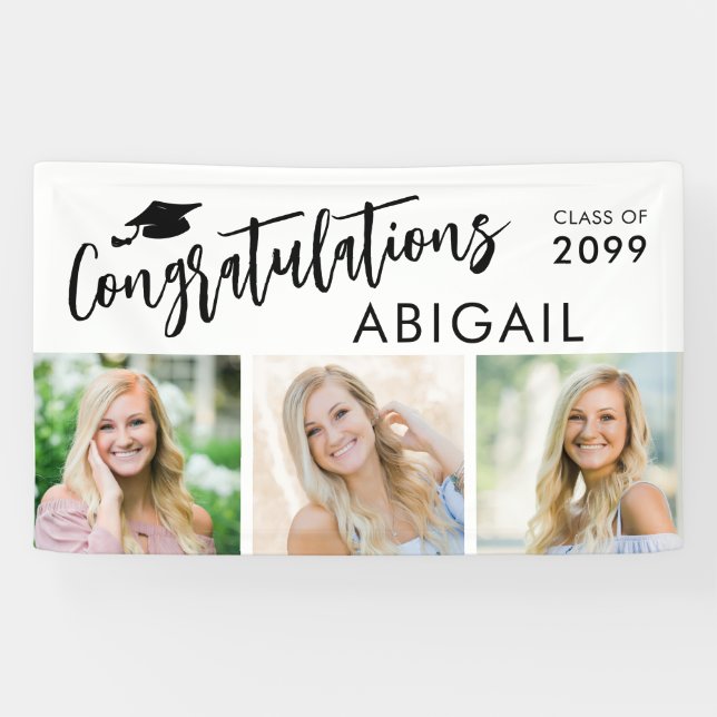 Graduation 3 Photos Congratulations Name Banner (Horizontal)