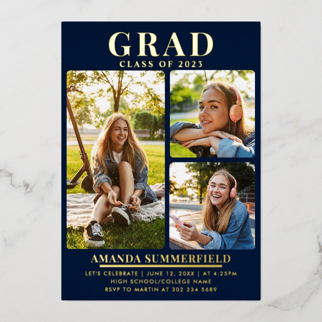 Graduation 3 Photos Navy Blue Grad Party Gold Foil Invitation (Front)