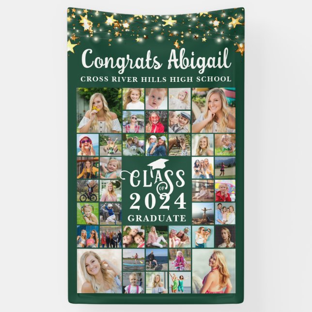 Graduation 42 Photo Collage Green Script Year Banner (Vertical)
