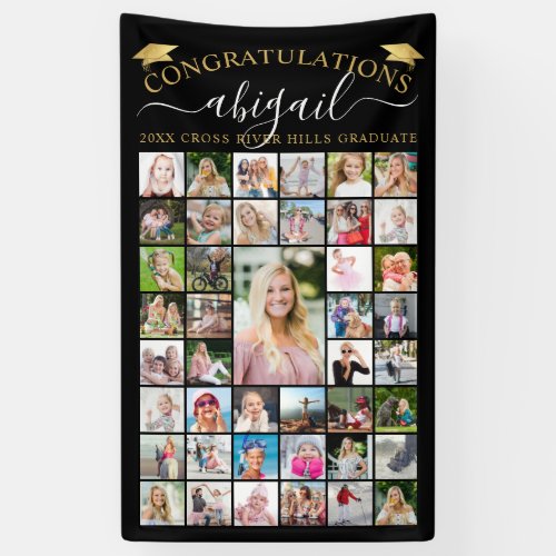 Graduation 43 Photo Collage Script Black Gold  Banner