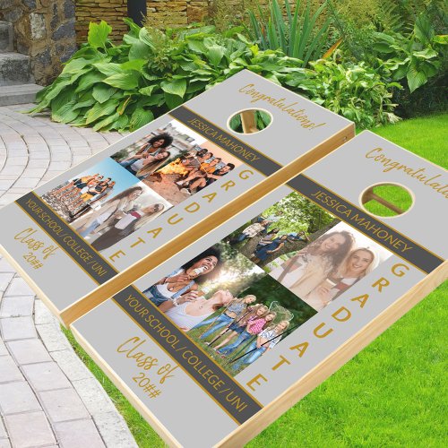 Graduation 4 or 8 Photo Collage Grey and Gold Cornhole Set