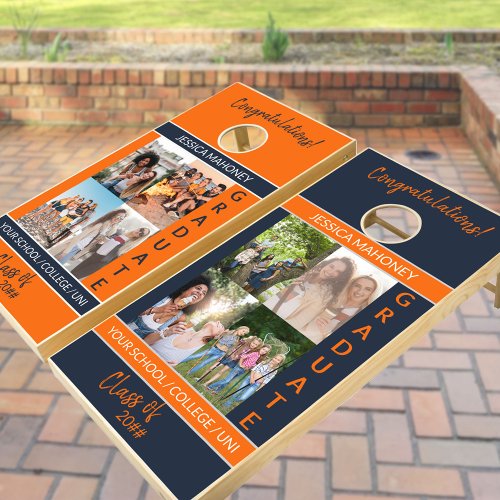 Graduation 4 or 8 Photo Collage Orange Blue Cornhole Set